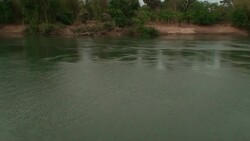 The Mekong River flows past dense woodlands. Stock Footage