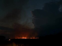 WS Night scene of lightning fire on prairie / Oklahoma, United States Stock Footage