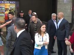 Cal Shapiro & producer Rob Resnick (Timeflies ) walking to the outside set of the Good Morning America show in Times Square Stock Footage