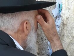 CU Jewish prayer speaking to Wailing Wall / Jerusalem, Mechoz Jeruschalajim, Israel Stock Footage