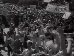 MS People marching with flags, banners and flowers in International youth festival AUDIO /  Prague ,Czechoslovakia Stock Footage