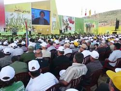 Hasan Nasralla giving speach as crowd listens Stock Footage