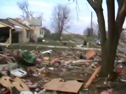  CU POV Shot of reveal destroyed neighborhood moments after tornado / Woodward, Iowa, United States Stock Footage