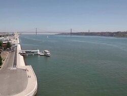 Lisbon, View of the Tagus river and the 25th April bridge Stock Footage