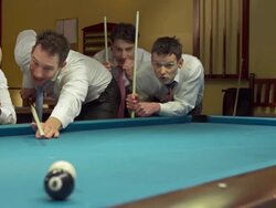 HD DOLLY: Businessman Winning The Pool Game Stock Footage