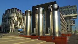 Crane Houses at Rheinau Harbour, Cologne, North Rhine-Westphalia, Germany Stock Footage