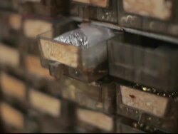 CU Drawers of shoe repair materials / Santa Monica, California, United States Stock Footage