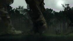 Two T-rexes attack and kill a triceratops in a computer generated animation. Stock Footage