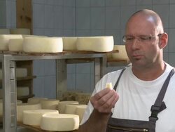 MS Man eating cheese / Mannebach, Rhineland-Palatinate, Germany Stock Footage