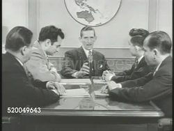 1952: CRUSADE IN THE PACIFIC COMMENTARY: VS Westbrook Van Voorhis ('The Voice of Time', 1903-1968) at desk w/ others talking about achieving peace in Asia. SOT, Kentaro Buma, Mr. Pesik, Mirza Muzaffar Shikoh, M.S. Dave Instructional Video
