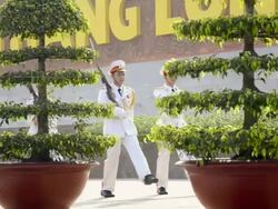 MS Guards marching in front of Ho Chi Minh Mausoleum / Hanoi, Vietnam Stock Footage
