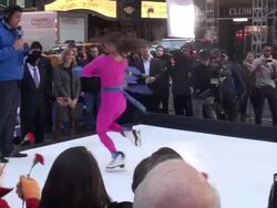 Sasha Cohen (2006 Olympic silver medalist) figure skating on the outside set of the Good Morning America show Stock Footage
