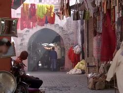 MS ZO view of Busy outdoor market / Marrakech, Morocco Stock Footage