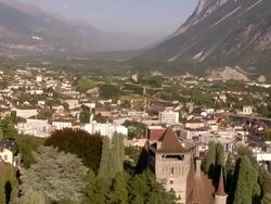 WS AERIAL View of Sierre in rhone valley and mercier castle city / Sierre, Valais, Switzerland Stock Footage