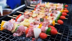 BBQ barbecue,on the road in Thailand Stock Footage