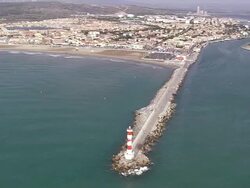 WS AERIAL View of Lighthouse at Port La Nouvelle / Languedoc Roussillon, France Stock Footage