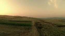 Aerial panorama over green fields farms summer Stock Footage