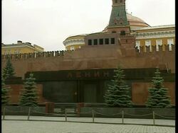 MS Lenin's mausoleum with black Cyrillic text 'Lenin' on front, Moscow Stock Footage