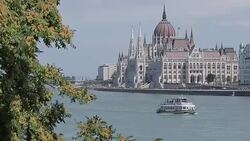 Parliament (Orszaghaz) from Chain Bridge Szechenyi Lamchid,& River Danube, Budapest, Hungary, Europe Stock Footage
