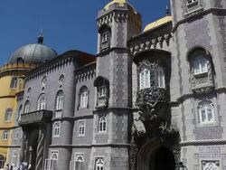Sintra, Pena National Palace, view of the main entrance and the newt symbolizing the allegory of creation of the world Stock Footage