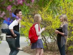 Students chat on campus Stock Footage