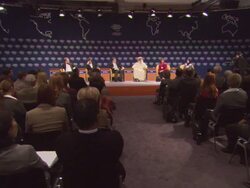 WS Spectators attending a conference AUDIO / Davos, Graubunden, Switzerland  Stock Footage