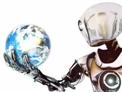 Robot cyborg ponders planet Earth Stock Footage