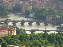 WS AERIAL View of national theatre and bridge over vitava river / Prague, Czech Republic Stock Footage