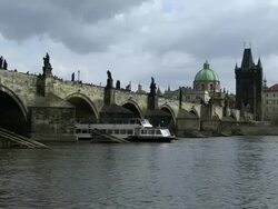 MS People walking on charles bridge near old town / Prague, Hlavni mesto Praha, Czech Republic Stock Footage