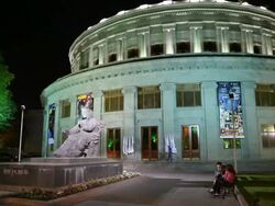 Yerevan, night scene of the Armenian National Academic Theatre of Opera and Ballet after Alexander Spendiarian, and the statue of Aram Khachaturian  Stock Footage