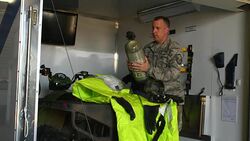 Bossier City, Louisiana Military Varksdale Air Fouce Base All Hazard Response Team AF officier checking equipment for HMR or Hazardous Materials Response Stock Footage