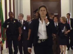 June 3, 2009 US Supreme Court justice nominee Judge Sonia Sotomayor walking down hallway in Senate office building in Washington, DC / AUDIO Stock Footage