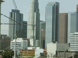 Zoomed slow motion pan of the sky scrapers in Los Angeles. Stock Footage