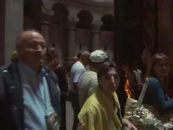 MS PAN DS Tourists milling within the Edicule of Holy Sepulchre / Jerusalem, Jerusalem, Israel Stock Footage