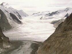 WS AERIAL View of Aletsch Glacier with Konkordia hut and impressive Konkordiaplatz / Konkordiaplatz, Valais, Switzerland Stock Footage