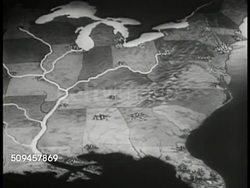 1936: MAP: Map of United States, Mississippi river routes, train routes to New Orleans. Instructional Video