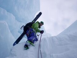 Ski Mountaineer Rappelling Glacial Ice Stock Footage