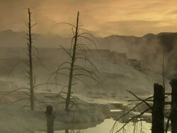 Wide Shot static - Steam drifts across Mammoth Hot Springs in Yellowstone National Park. / Yellowstone National Park, Wyoming, USA Stock Footage