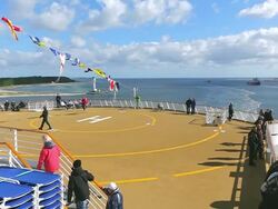 WS View of Helipad on ferry ship with enjoying people at Kieler Forde / Kiel, Schleswig-Holstein, Germany Stock Footage