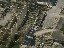Aerial shot of the amphitheatre in Beth Shean archaeological site, Beth shean, Israel Stock Footage
