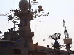 Warship repaired in dock Stock Footage