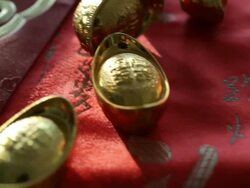 CU POV Chinese new year decorations on embroidered silk / Singapore, Singapore, Singapore Stock Footage
