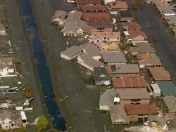 Sept. 10, 2005 aerial displaced houses in toxic sludge / aftermath of Hurricane Katrina / Louisiana Stock Footage