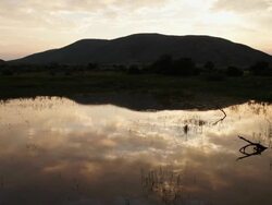 WS T/L View of Clouds reflected into tranquil dam at sunset / Pilanesberg National Park, North West Province, South Africa Stock Footage
