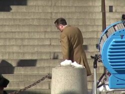 Ricky Gervais & Skyler Gisondo on location for the movie 'Night at the Museum 3' on the steps of the American Museum of Natural History Stock Footage