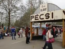 Hungary, PÃ©cs, entrance of flea market (Pecsi vasar, PÃ©cs flea market) Stock Footage