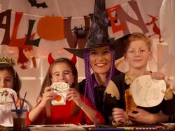 HD DOLLY: Group Portrait Of Halloween Workshop Class Stock Footage