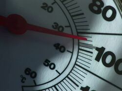 ECU Shot of dial thermometer reading warm 96 degrees F, 35 degrees C during heat wave / Texas, United States Stock Footage