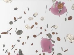 Circular loop through dozens of coins and piggy-bank Stock Footage