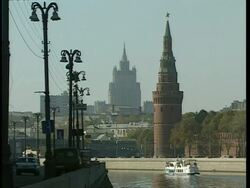 WA view across Moskva river to Kremlin tower and university on horizon, Moscow Stock Footage
